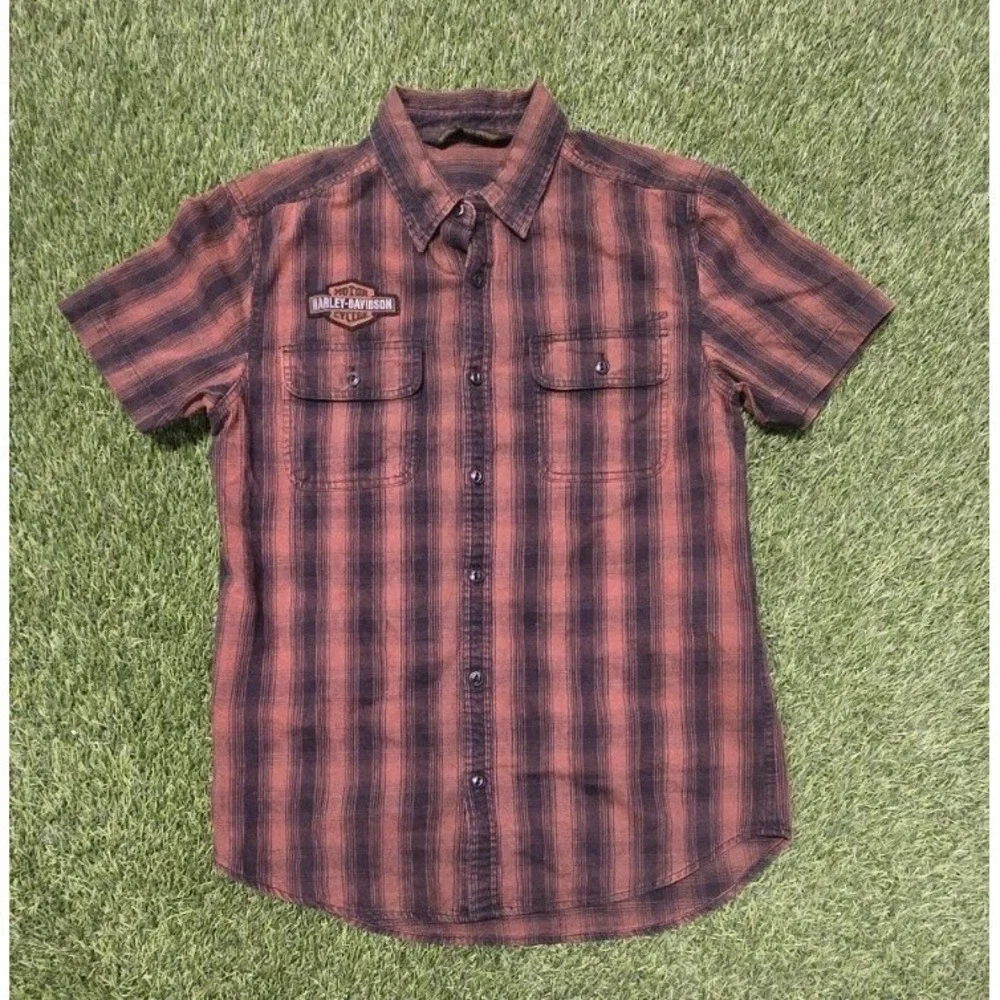 Harley-Davidson Men's Plaid Button-Up Shirt Brown Short Sleeve Embroidered Back